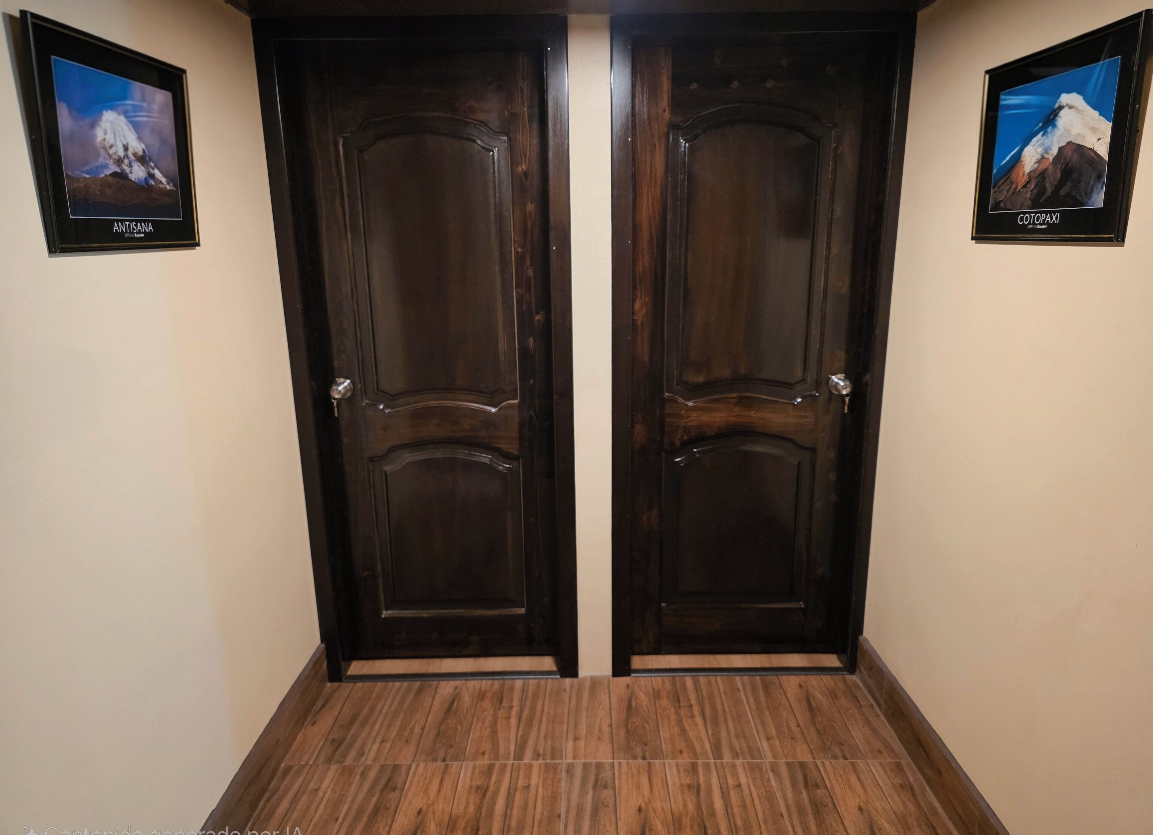 Un pasillo con dos puertas de madera oscura, un cuadro de Antisana a la izquierda y un cuadro de Cotopaxi a la derecha.