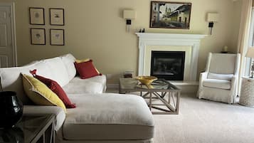 Smart TV, fireplace, books