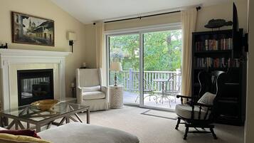 TV connectée, cheminée, livres