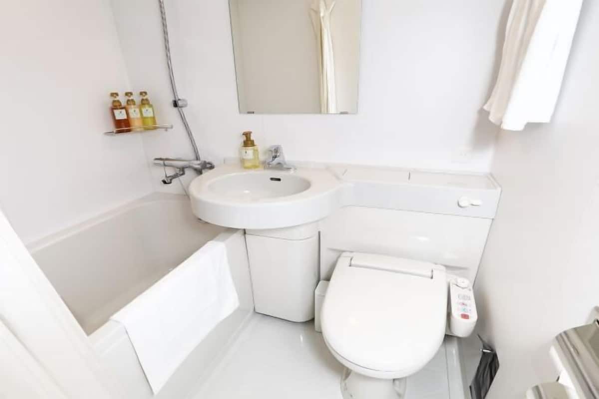 Separate bathtub and shower, deep-soaking bathtub, free toiletries