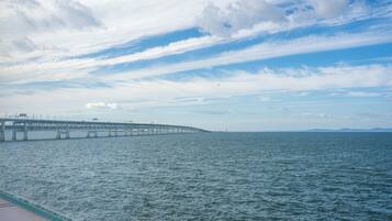 A pier extending into a body of water under a partly cloudy sky.