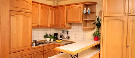 Fridge, oven, stovetop, coffee/tea maker