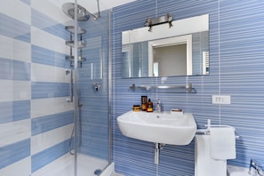 Douche, sĂšche-cheveux, serviettes fournies, papier toilette