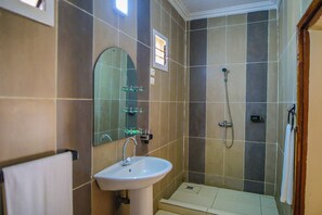 Shower, free toiletries, hair dryer, towels