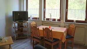 Huoneessa on puinen pöytä ja tuolit, jalustalla oleva televisio sekä ikkunat, joista avautuu näkymä vehreään maisemaan.
