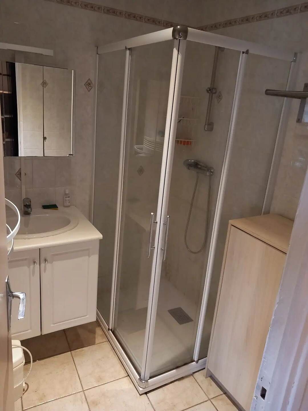 Une salle de bain avec une douche à parois de verre, un lavabo et un meuble de rangement.