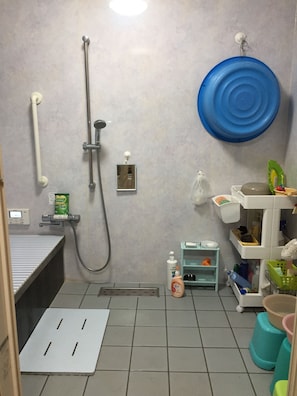 Separate bathtub and shower, free toiletries, hair dryer