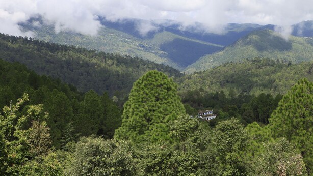Une maison nichée dans une vallée, entourée d’une forêt dense et de montagnes.