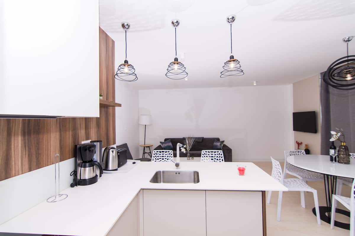 Réfrigérateur, micro-ondes, plaque de cuisson, lave-vaisselle
