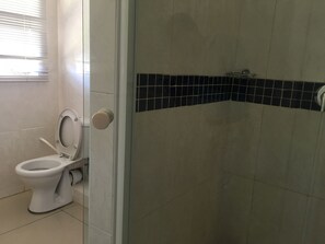 Shower, rainfall showerhead, free toiletries, towels