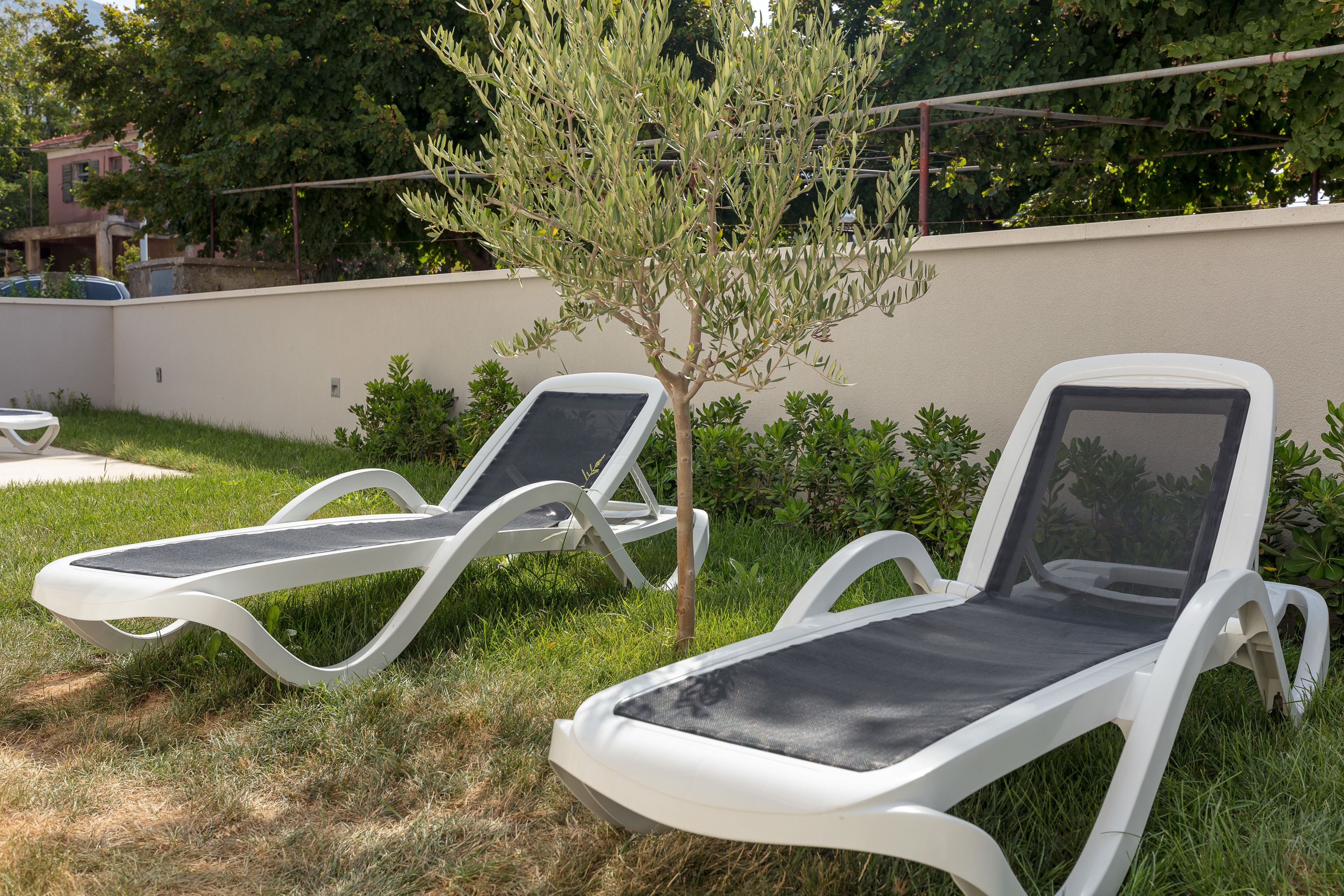 Two white lounge chairs with black cushions in a grassy outdoor area, with a small tree and a low wall in the background.