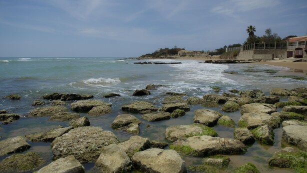 A beach with rocky shoreline, clear water, and buildings in the background. - Fiori Gialli Caucana (Santa Croce Camerina)