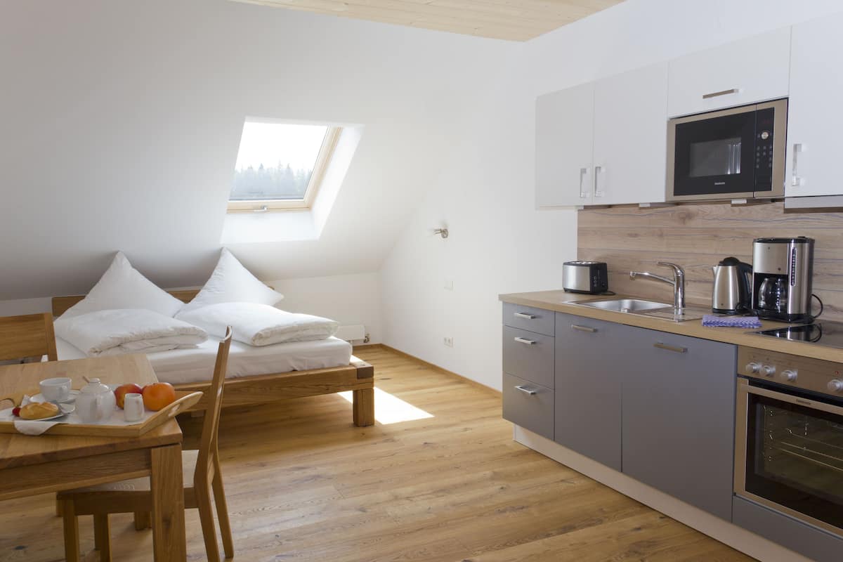 Appartamento, vista montagna | Cucina privata | Frigorifero, forno, piano cottura, bollitore elettrico