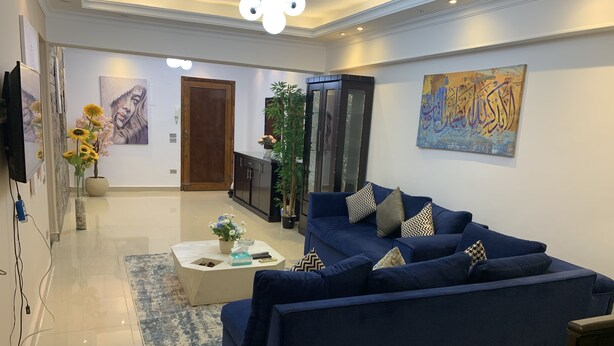 A modern living room with a blue sofa, a coffee table, and a TV. There are paintings on the walls and a potted plant. - Casa De Horyea  (Cairo)