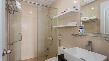 Hair dryer, soap, shampoo, toilet paper