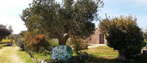 A rustic stone building with a large tree in front.