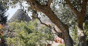 Traditional stone building with a conical roof, set amidst lush vegetation.