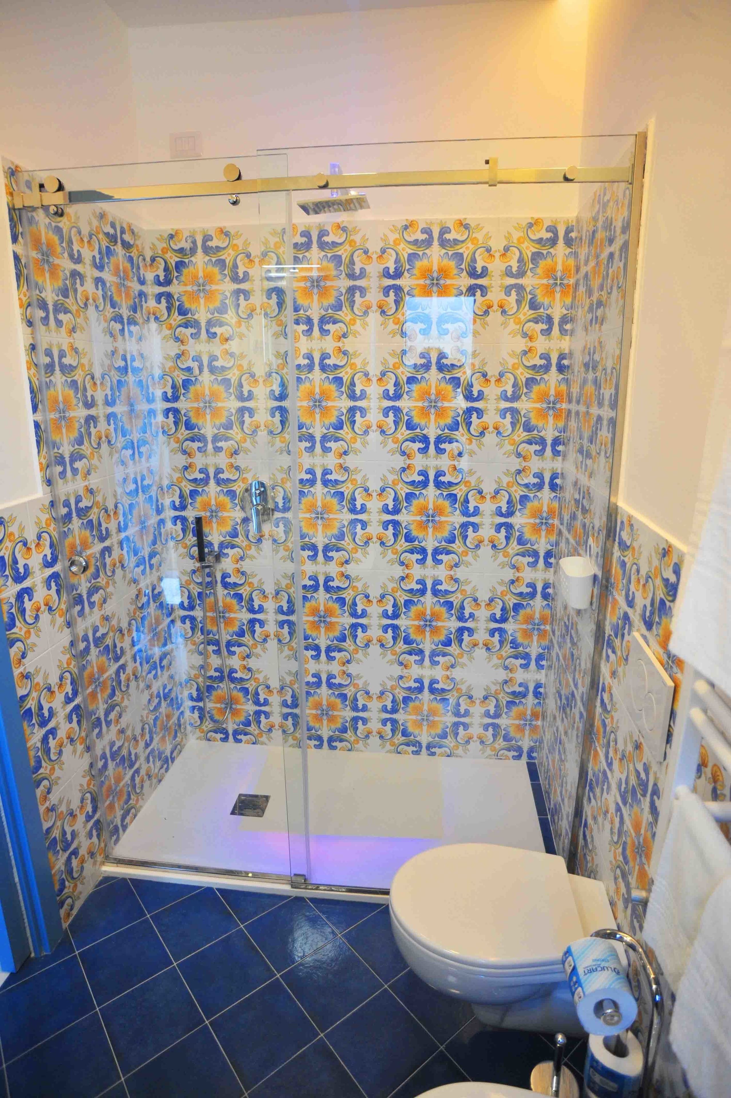 A bathroom with a shower, toilet, and patterned tiles.
