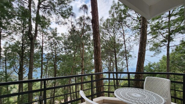 A balcony with a white table and chairs, overlooking a forest of tall trees and a body of water. - Hotel Bliss (Kasauli)