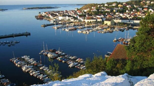 A coastal town with a marina filled with boats, surrounded by residential buildings and greenery. - Idyllic southern country house in Risør (Risør)