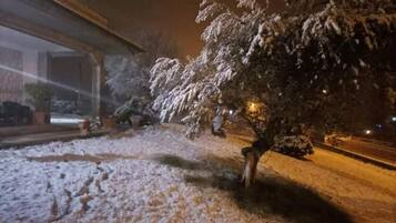 A snow-covered outdoor area with a building on the left and a tree in the center.
