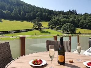 A table with a bottle of Prosecco, glasses, and strawberries, overlooking a scenic landscape with green fields and trees. - Hendre Rhys Gethin (Betws-Y-Coed)