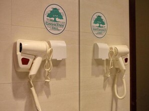 Shower, hair dryer, slippers