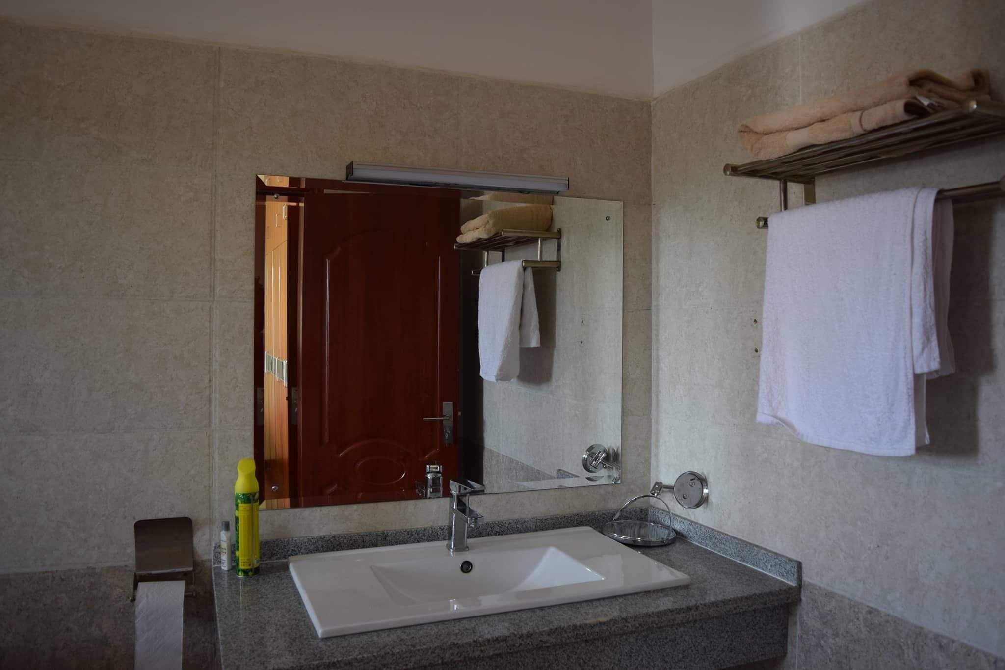 A bathroom with a white sink, a mirror, a towel rack with towels, and a bottle of lotion.
