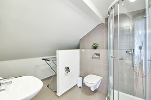 Un baño moderno con ducha envuelta en vidrio, un lavamanos blanco y un inodoro.