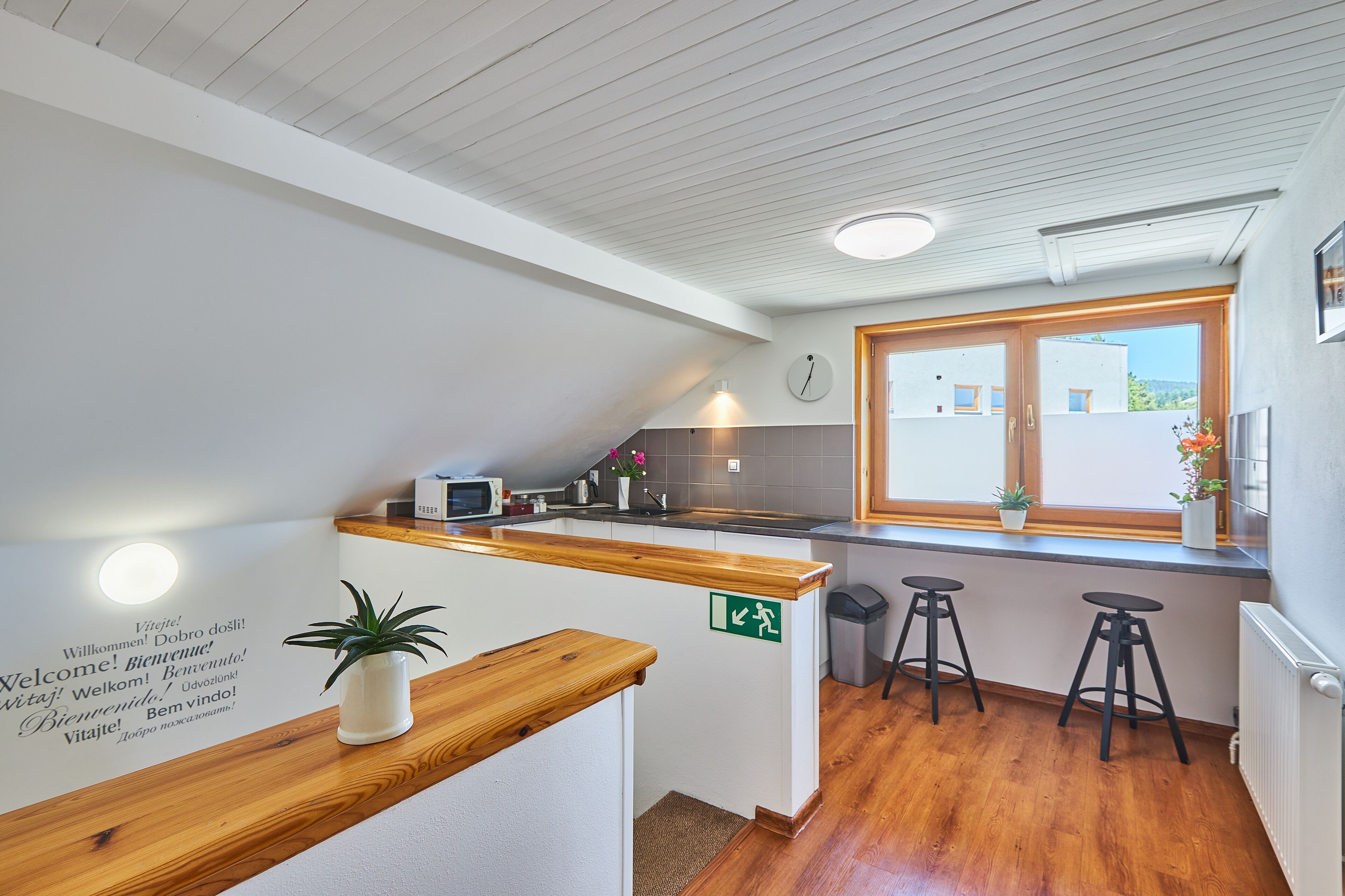 A kitchen with a wooden counter, a microwave, and a potted plant. There are two stools and a window with a view of buildings.