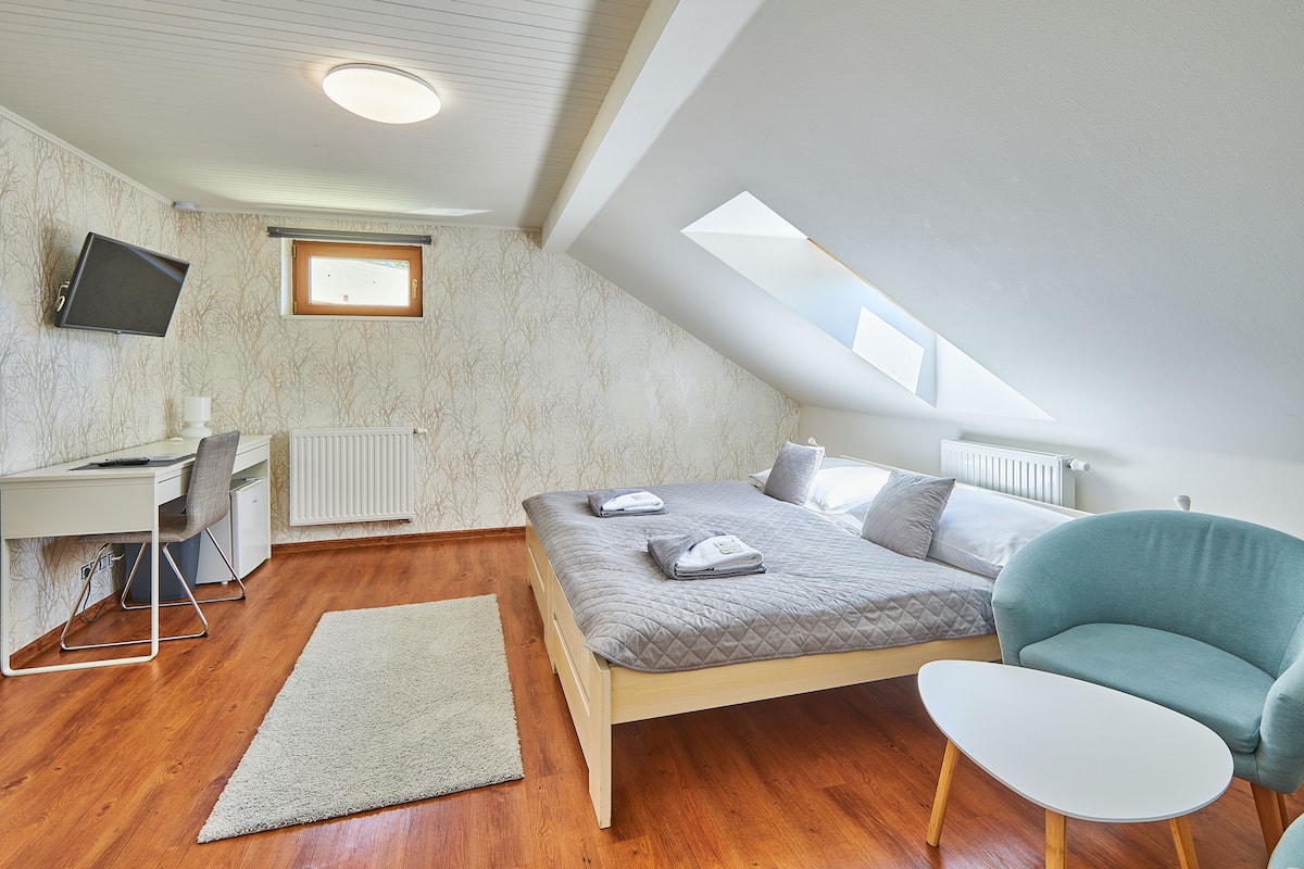 A bedroom with a bed, a desk, a chair, and a TV.