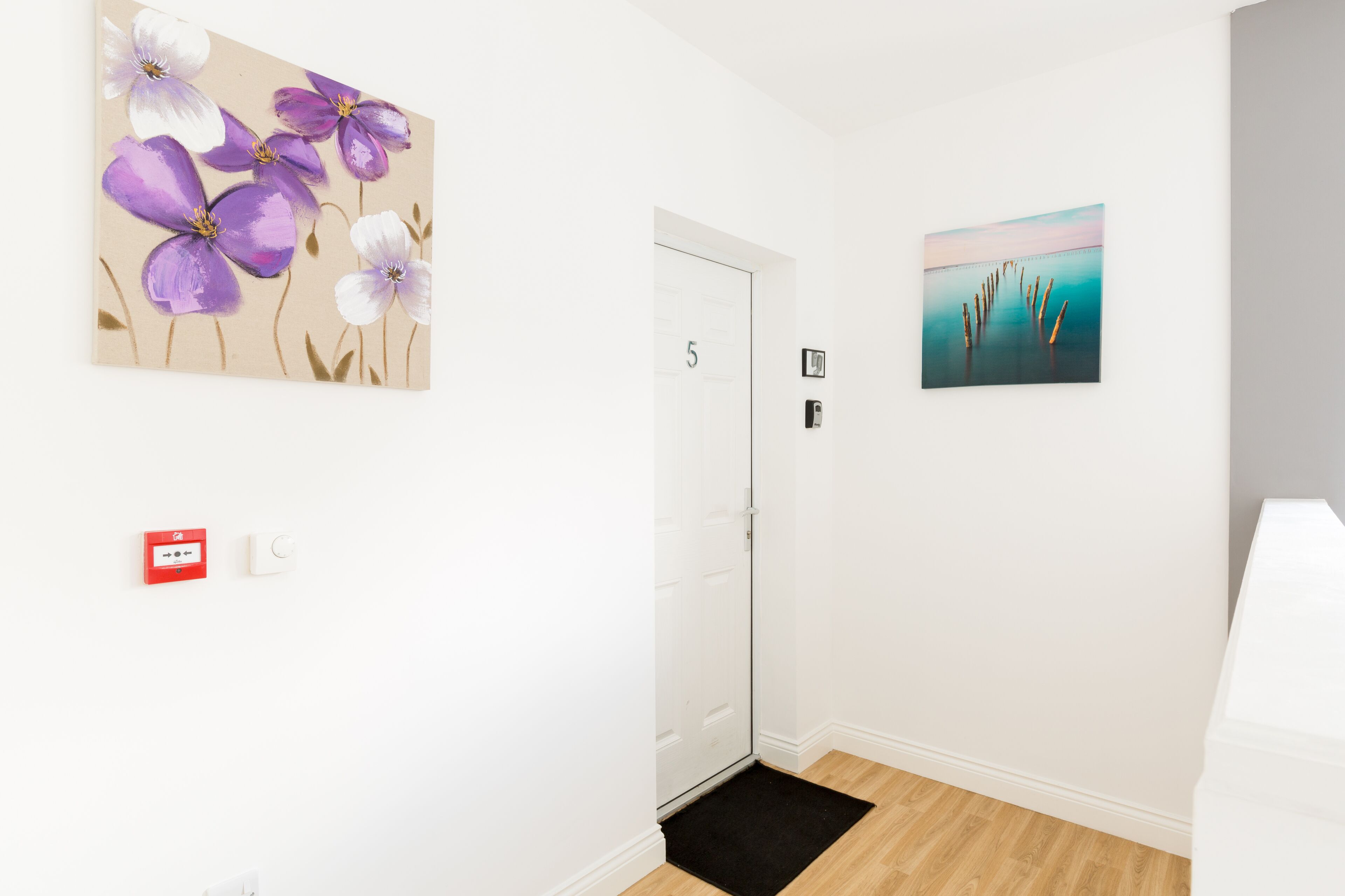 A hallway with a door marked '5', a black doormat, a red fire alarm, and two paintings on the walls.
