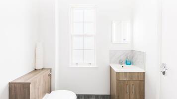 Un bagno moderno con il water, un mobiletto in legno e un lavabo con schienale in marmo.