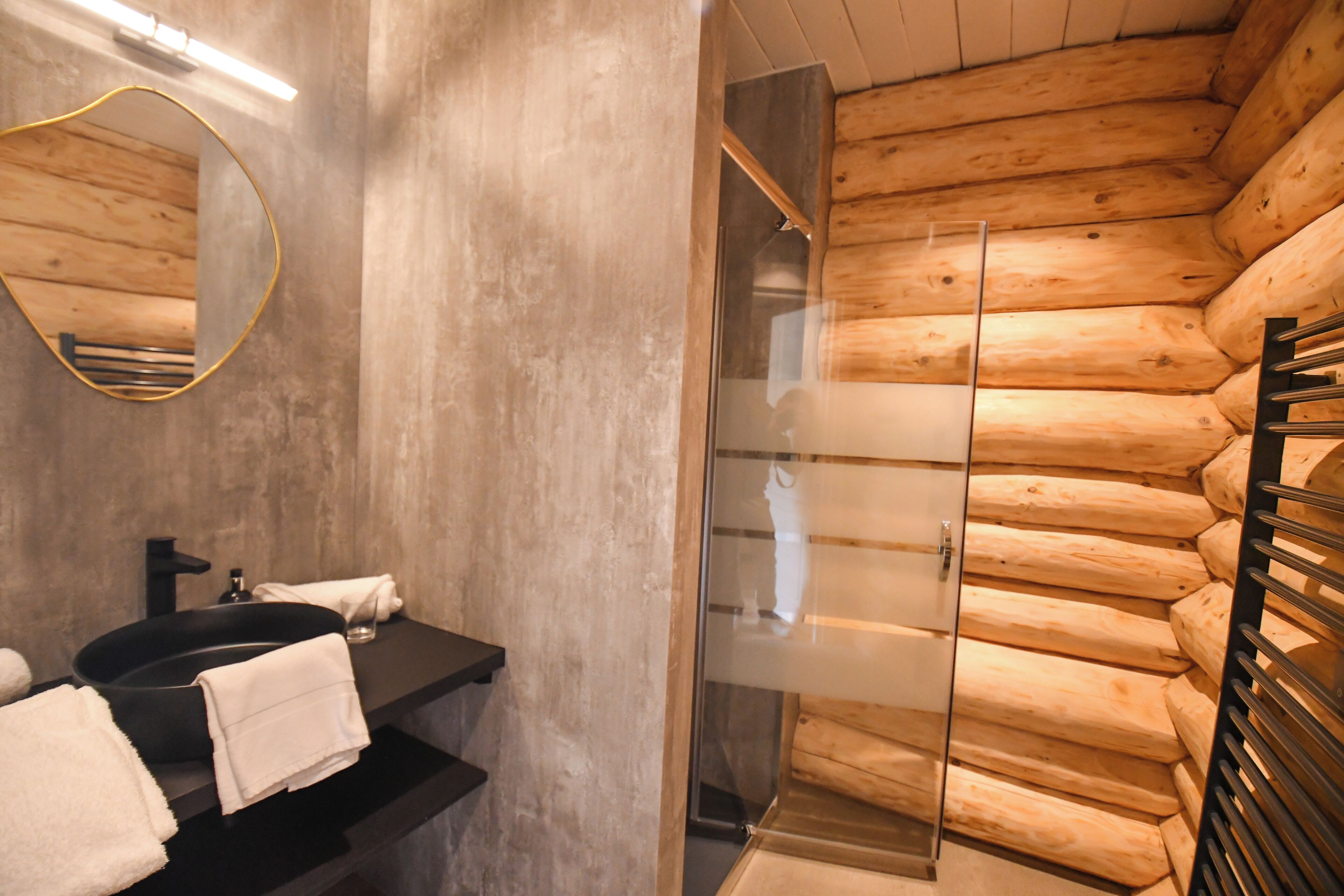 shower, rainfall showerhead, hair dryer, towels