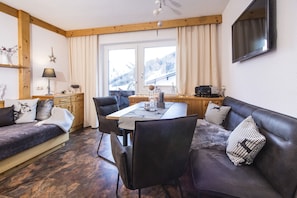 Family Apartment, 1 Bedroom (Roter Stein I) | Living area | Flat-screen TV, DVD player - Alpen Apartments Austria (Berwang)