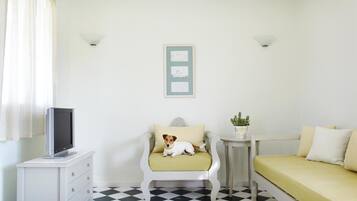 A room with a sofa, a chair with a dog, a small table with a plant, a TV on a stand, and a checkered floor.