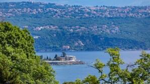 A lakeside town with a boat docked near the shore, surrounded by lush greenery and hills in the background. - Apartment Mia (Opatija)