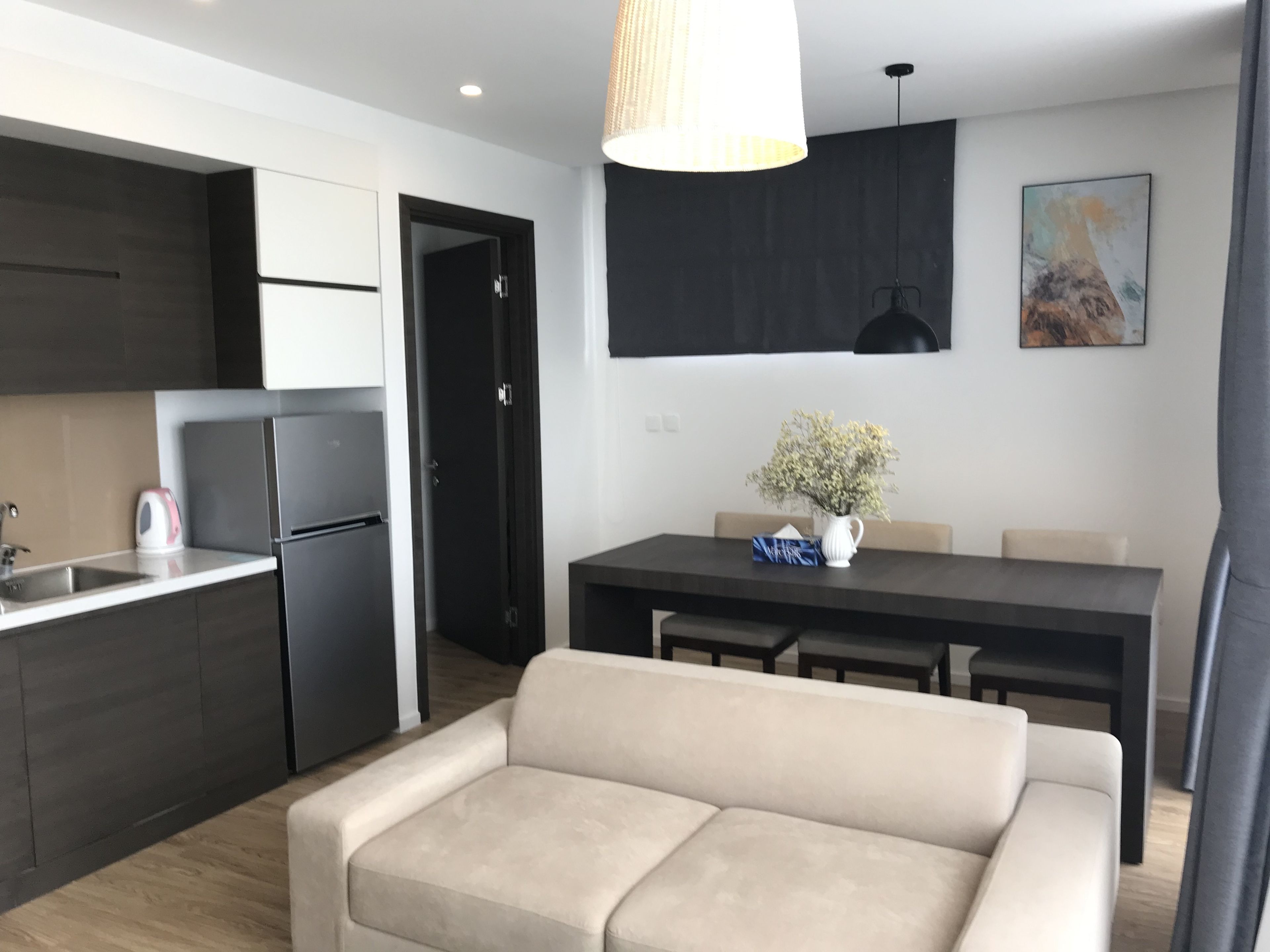A modern kitchen with dark cabinetry, a white countertop, and a hanging plant.