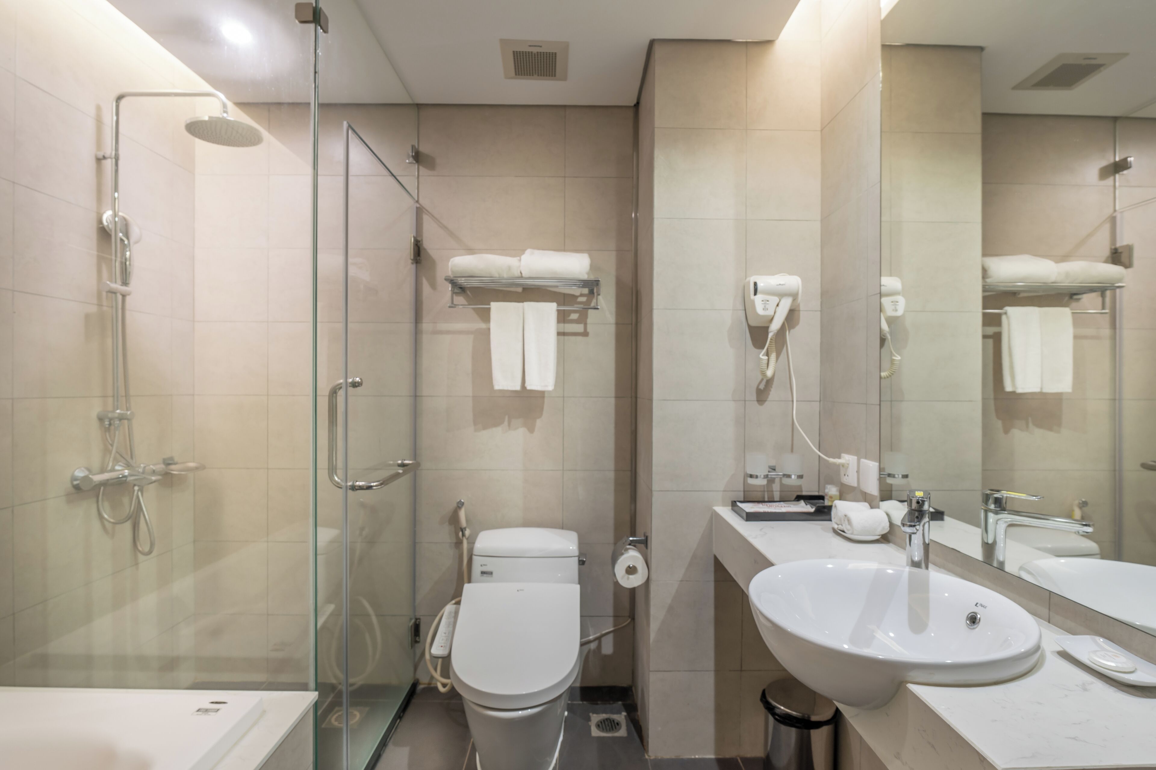 A modern bathroom with a glass-enclosed shower, a toilet, and a sink with a mirror.