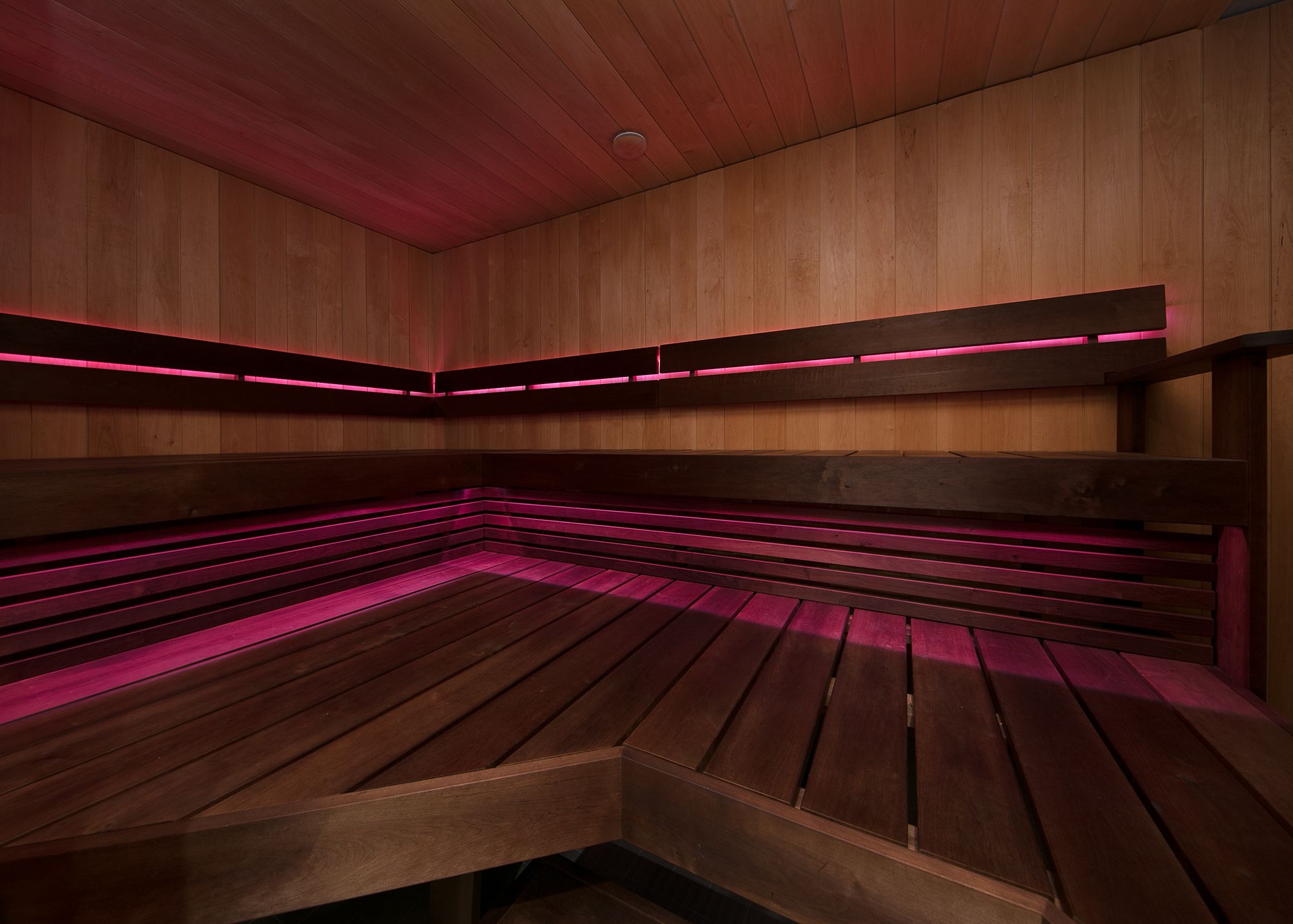 A sauna with wooden benches and pink lighting.