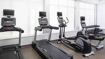 A gym with treadmills, ellipticals, and a bench with dumbbells.