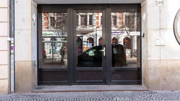 A building entrance with a glass door, a number '249' sign, and a cobblestone pavement.