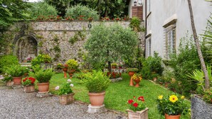 Un cortile con muro in pietra, piante in vaso e un edificio con finestre.