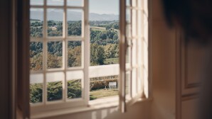 A view through a window with a grid pattern, revealing a landscape with trees and distant mountains. - Clos Mirabel Manor B&B (Jurancon)