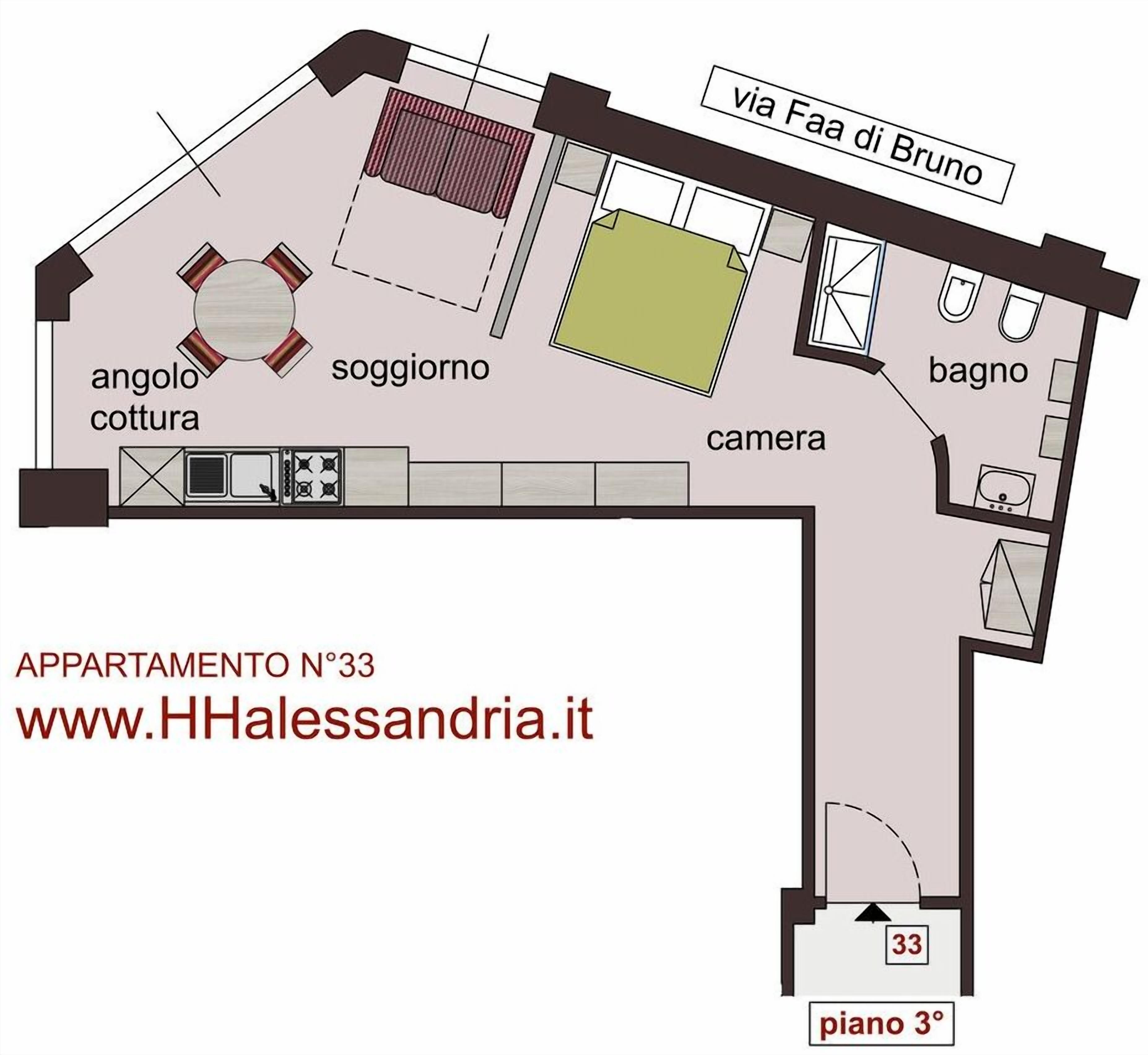 A floor plan of an apartment with a kitchen, dining area, living room, bathroom, and a small balcony.