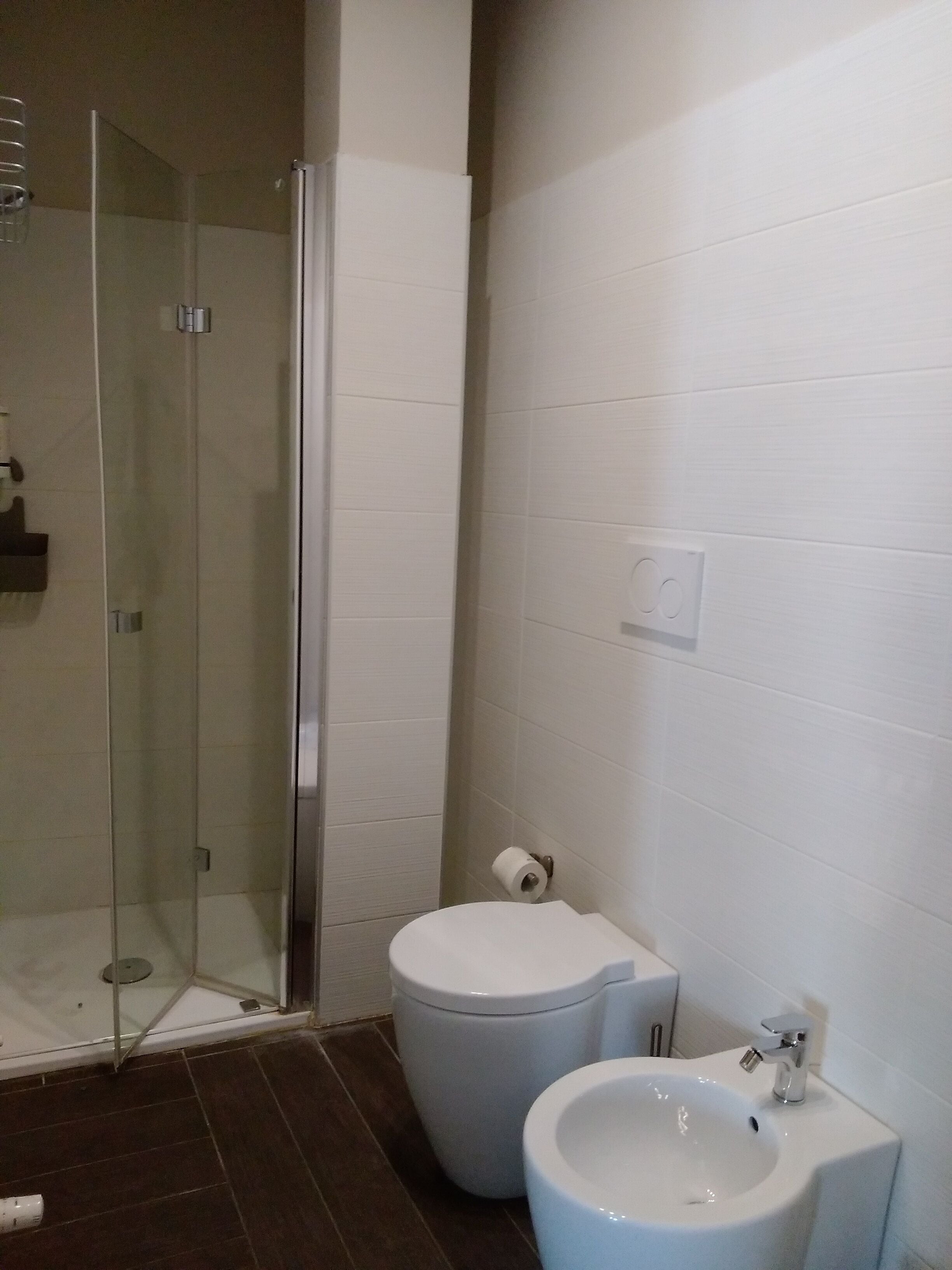 A bathroom with a glass shower enclosure, a toilet, and a bidet.