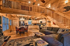 TV, fireplace, table football, books - Riverside Ellijay Cabin w/ Hot Tub & Game Room (Ellijay)