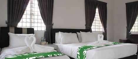 Blackout curtains, iron/ironing board, bed sheets