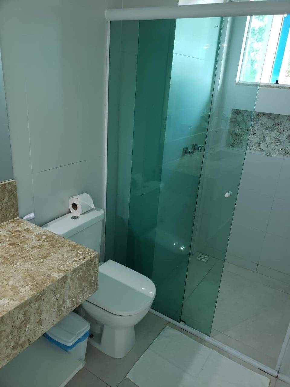 A bathroom with a toilet, a shower enclosure, and a marble countertop.