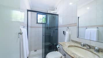 Shower, towels, soap, toilet paper